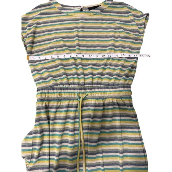Donna Morgan Dress Short Sleeve Striped Metallic Green Yellow Elastic Waist Sz 4 - Picture 5 of 9